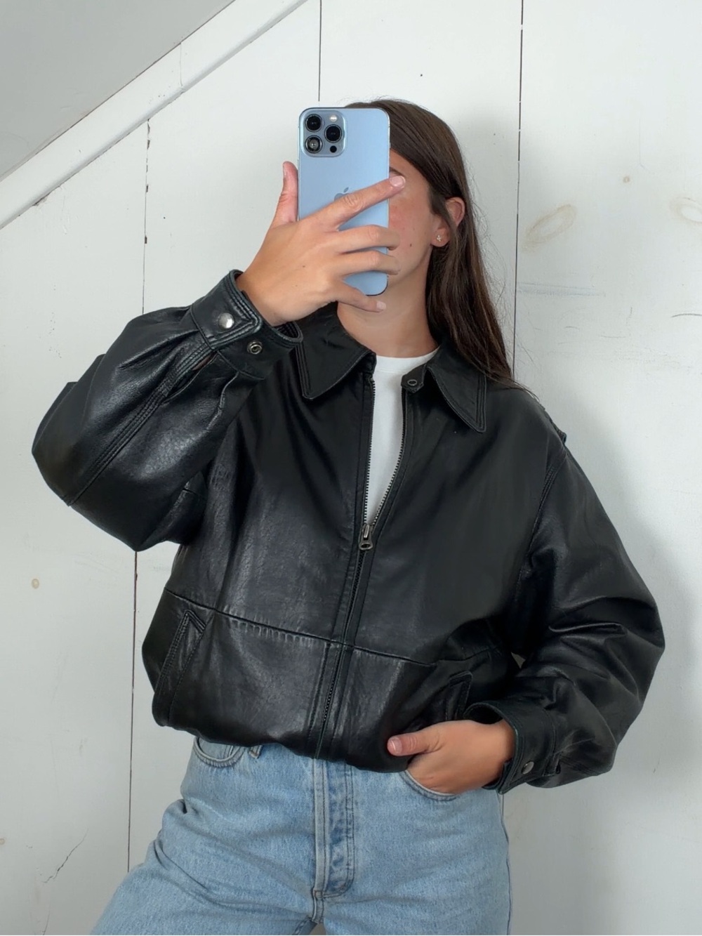 Vintage Colebrook Black Genuine Leather Bomber Jacket Men’s Small Full Zip Y2K